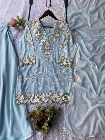EID 🌙 EXCLUSIVE AND TRENDY FOR WEDDING SEASON OUR SEQUENCE EMBROIDERY WORKED TOP, PLAZZO AND DUPATTA