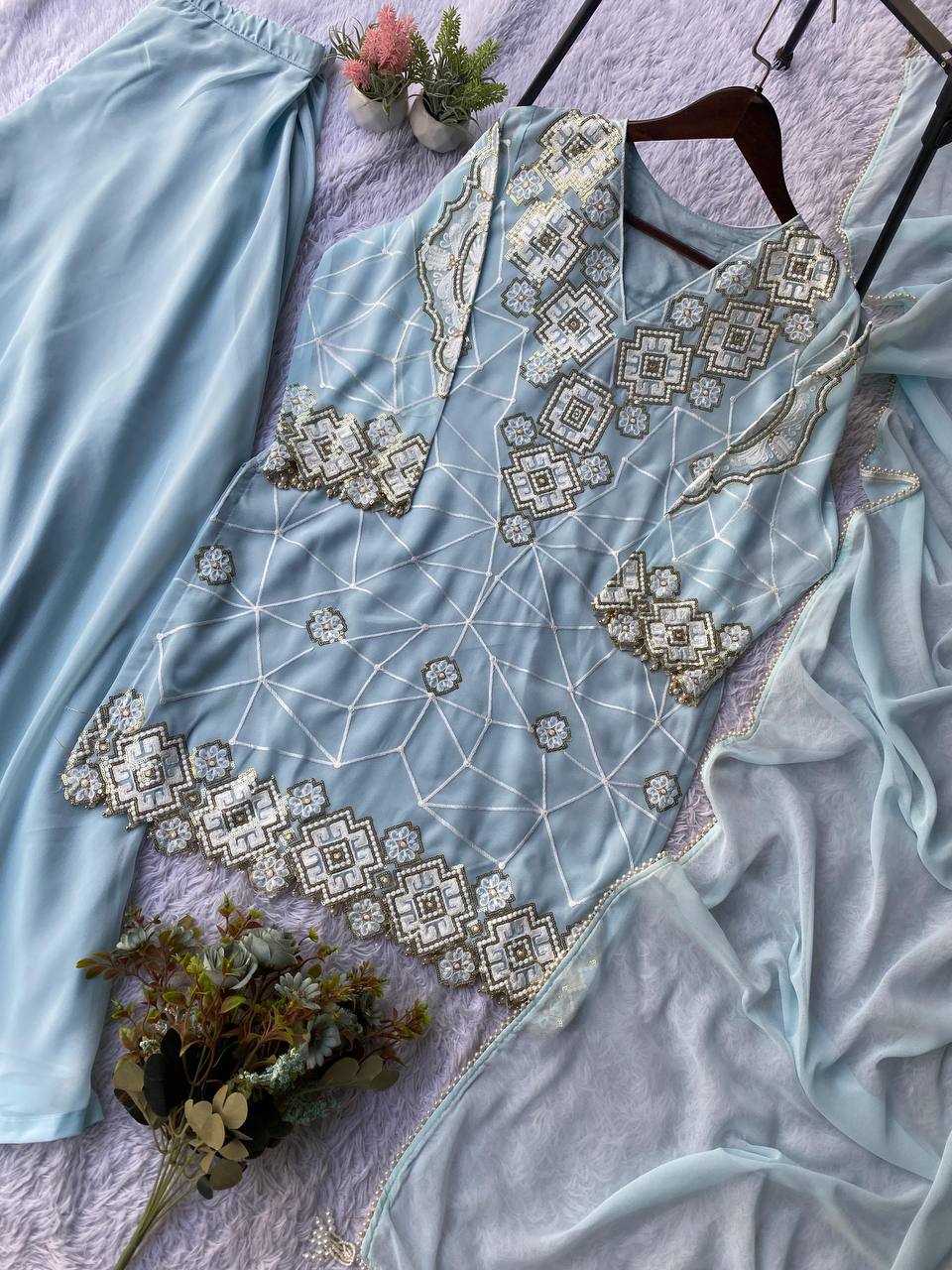 EID 🌙 EXCLUSIVE AND TRENDY FOR WEDDING SEASON OUR SEQUENCE EMBROIDERY WORKED TOP, PLAZZO AND DUPATTA