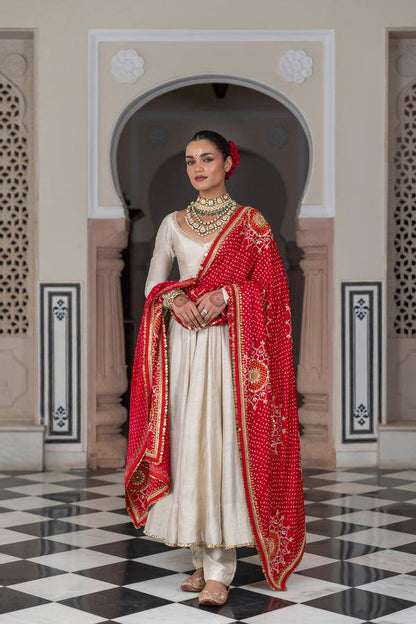 DESIGNER AND ELEGANCE GOWN IN THREE PIECE WITH  PRINTED BANDHNI DUPATTA