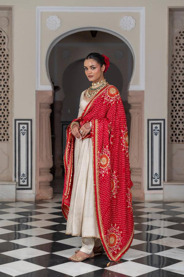 DESIGNER AND ELEGANCE GOWN IN THREE PIECE WITH  PRINTED BANDHNI DUPATTA