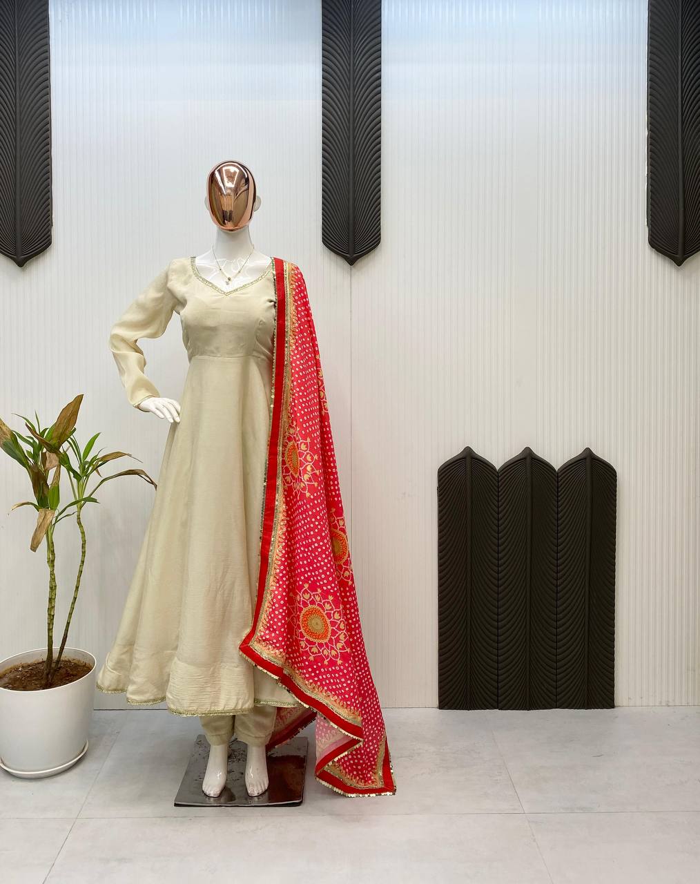DESIGNER AND ELEGANCE GOWN IN THREE PIECE WITH  PRINTED BANDHNI DUPATTA