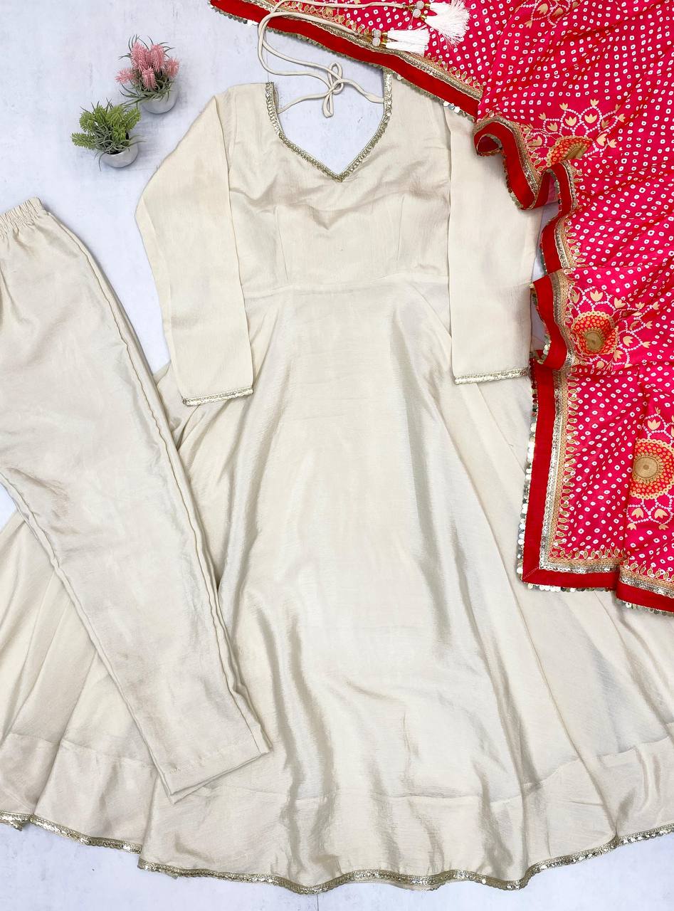 DESIGNER AND ELEGANCE GOWN IN THREE PIECE WITH  PRINTED BANDHNI DUPATTA