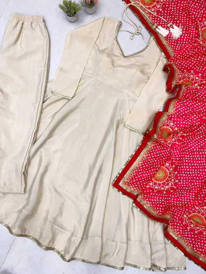 DESIGNER AND ELEGANCE GOWN IN THREE PIECE WITH  PRINTED BANDHNI DUPATTA