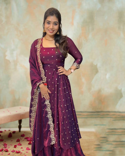 Beautiful Soft Space Silk Sequins Embroidery Gown With Dupatta umbrella flai! adding a touch of glamour and elegance to your look For Festive Season