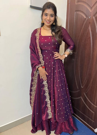 Beautiful Soft Space Silk Sequins Embroidery Gown With Dupatta umbrella flai! adding a touch of glamour and elegance to your look For Festive Season