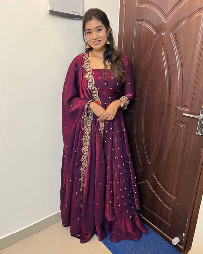 Beautiful Soft Space Silk Sequins Embroidery Gown With Dupatta umbrella flai! adding a touch of glamour and elegance to your look For Festive Season