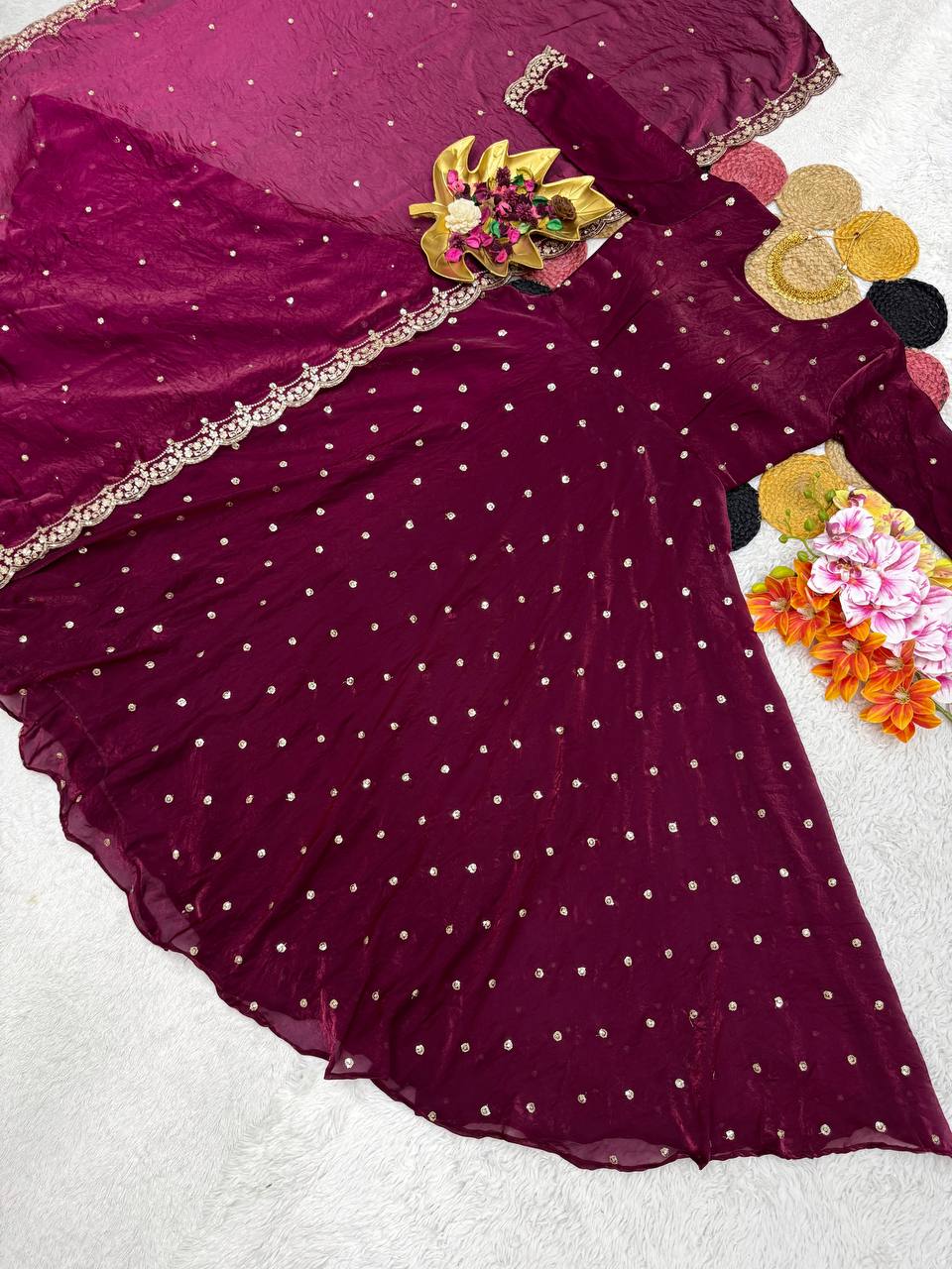 Beautiful Soft Space Silk Sequins Embroidery Gown With Dupatta umbrella flai! adding a touch of glamour and elegance to your look For Festive Season