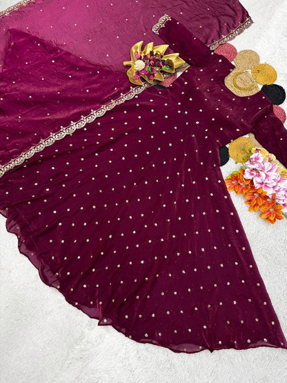 Beautiful Soft Space Silk Sequins Embroidery Gown With Dupatta umbrella flai! adding a touch of glamour and elegance to your look For Festive Season