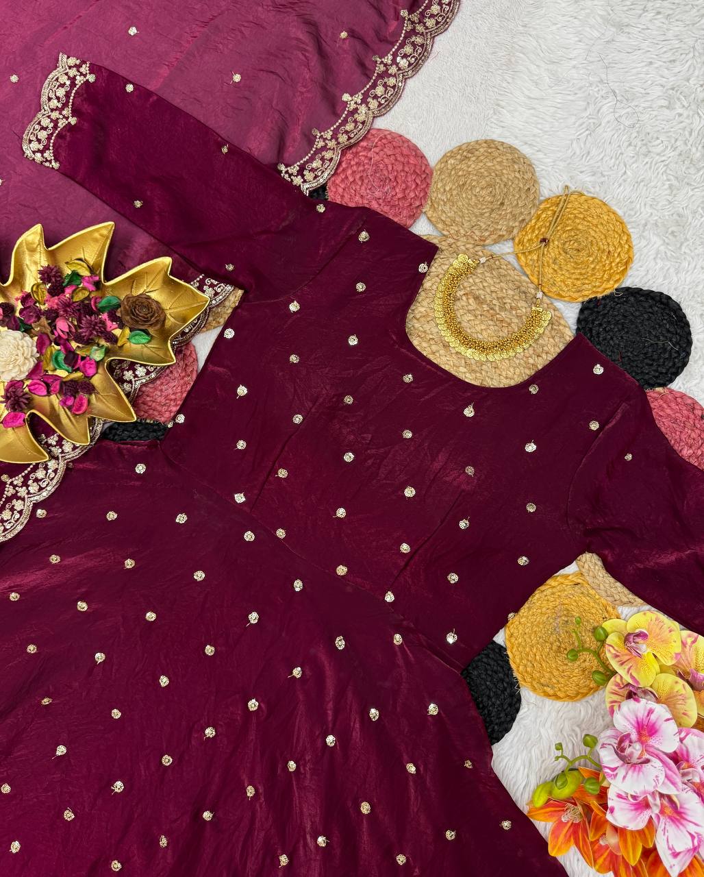 Beautiful Soft Space Silk Sequins Embroidery Gown With Dupatta umbrella flai! adding a touch of glamour and elegance to your look For Festive Season