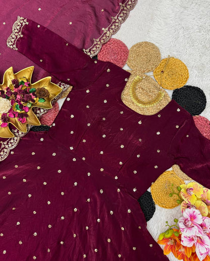 Beautiful Soft Space Silk Sequins Embroidery Gown With Dupatta umbrella flai! adding a touch of glamour and elegance to your look For Festive Season