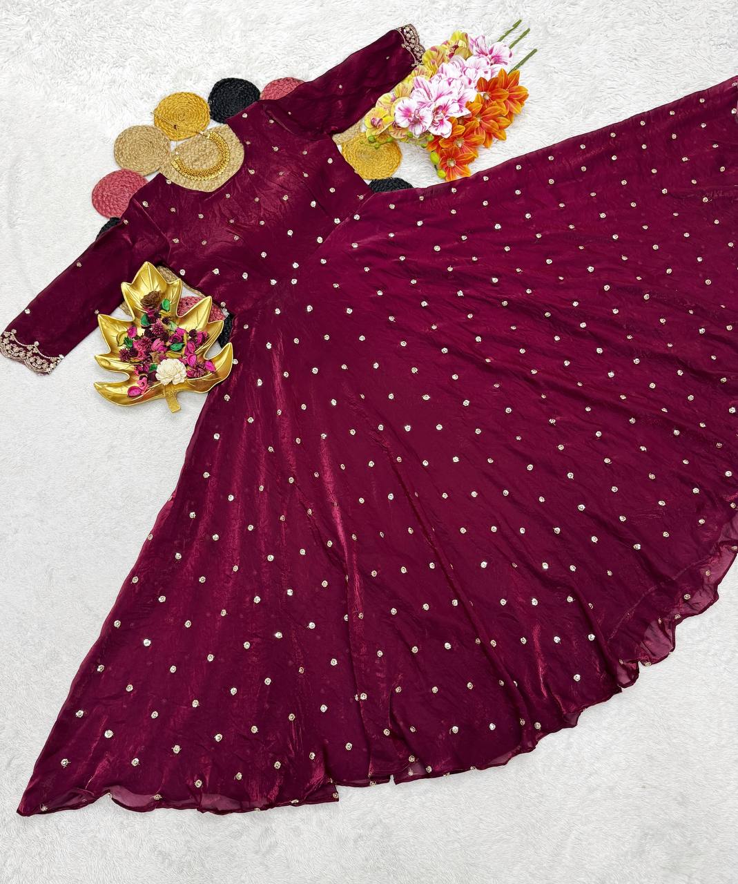 Beautiful Soft Space Silk Sequins Embroidery Gown With Dupatta umbrella flai! adding a touch of glamour and elegance to your look For Festive Season