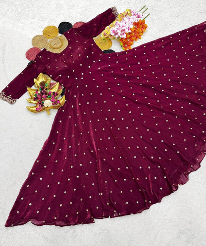 Beautiful Soft Space Silk Sequins Embroidery Gown With Dupatta umbrella flai! adding a touch of glamour and elegance to your look For Festive Season