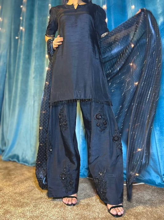HEAVY NATURAL SILK EMBROIDERED SEQUENCE WORK WITH FANCY TOP-PENT DUPATTA SET