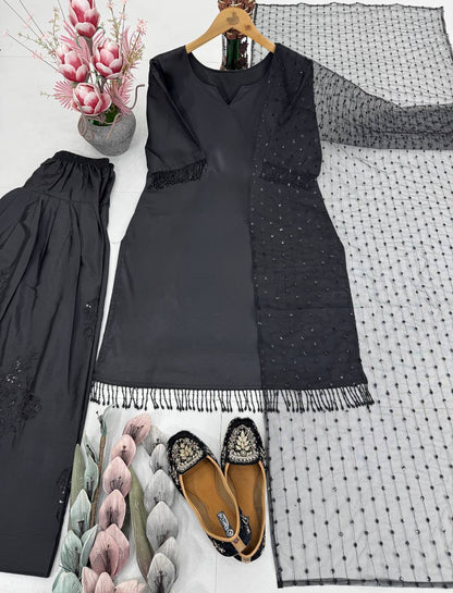 HEAVY NATURAL SILK EMBROIDERED SEQUENCE WORK WITH FANCY TOP-PENT DUPATTA SET