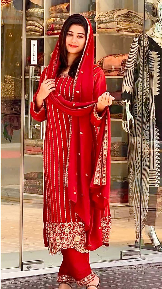ĚSIGNER PARTY WEAR TOP AND PANT PLAZZO. WITH FANCY DUPPATA WITH  EMBROIDERY WORK