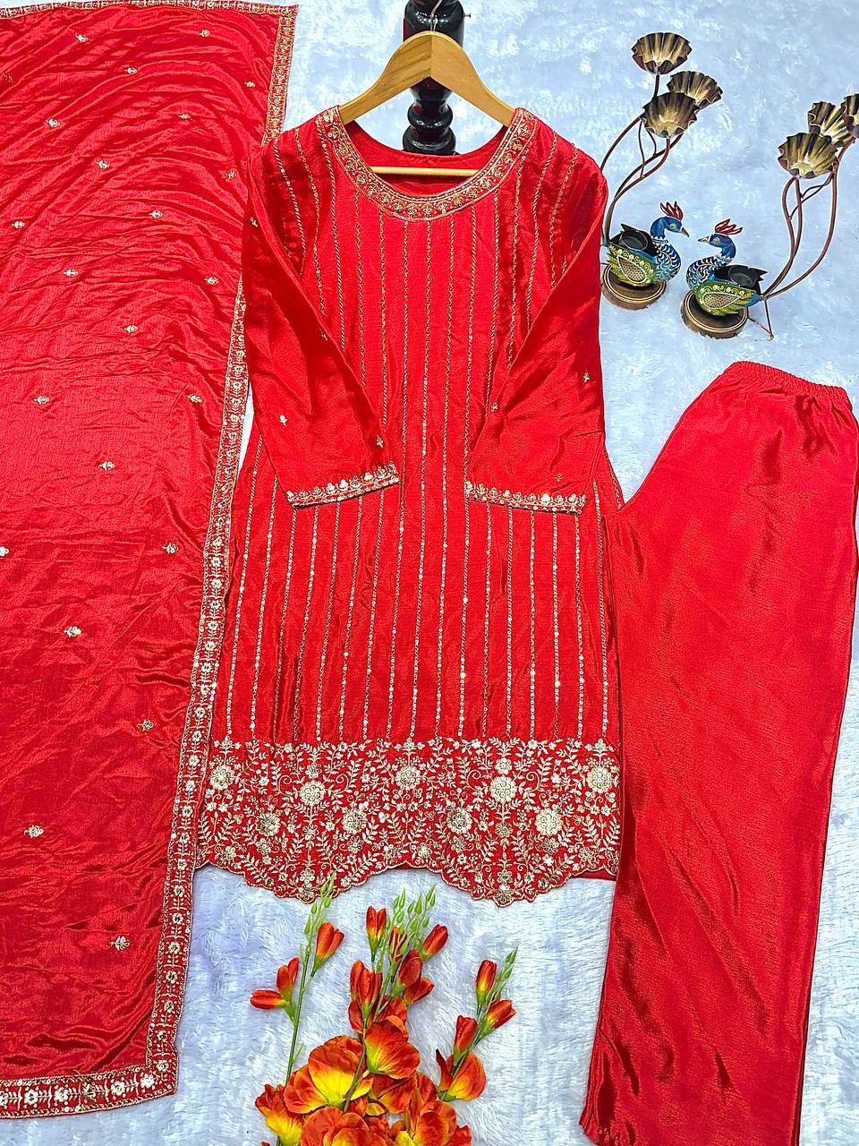 ĚSIGNER PARTY WEAR TOP AND PANT PLAZZO. WITH FANCY DUPPATA WITH  EMBROIDERY WORK