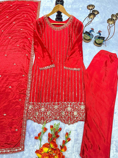 ĚSIGNER PARTY WEAR TOP AND PANT PLAZZO. WITH FANCY DUPPATA WITH  EMBROIDERY WORK