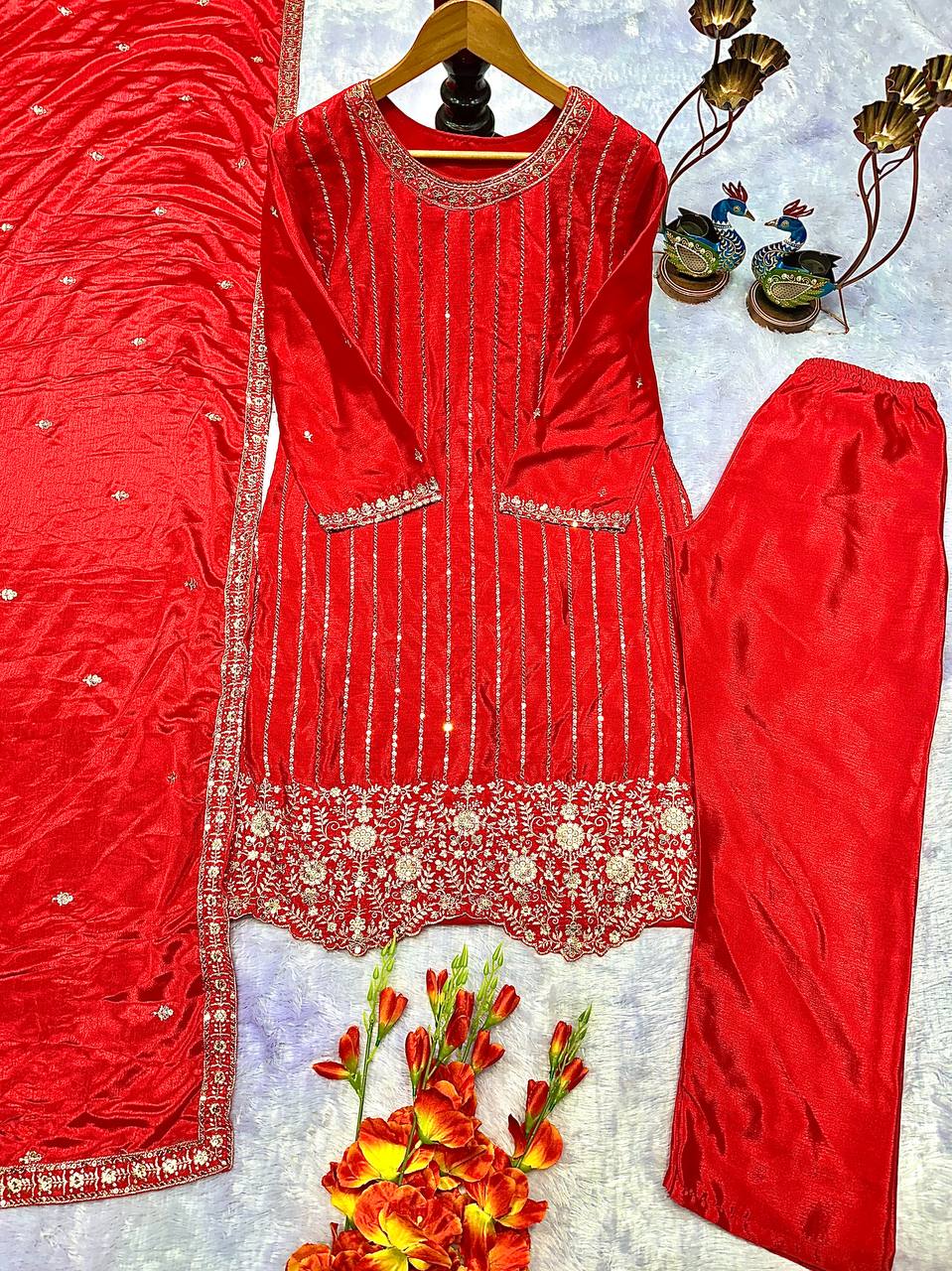 ĚSIGNER PARTY WEAR TOP AND PANT PLAZZO. WITH FANCY DUPPATA WITH  EMBROIDERY WORK
