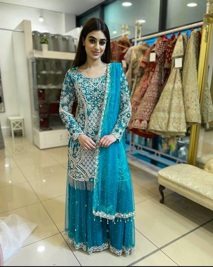 FANCY DESIGN HEAVY EMBROIDERY WORK TOP - PLAZZO WITH  DUPATTA