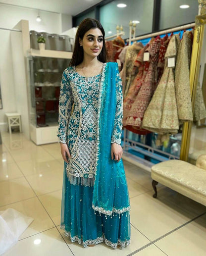 FANCY DESIGN HEAVY EMBROIDERY WORK TOP - PLAZZO WITH  DUPATTA