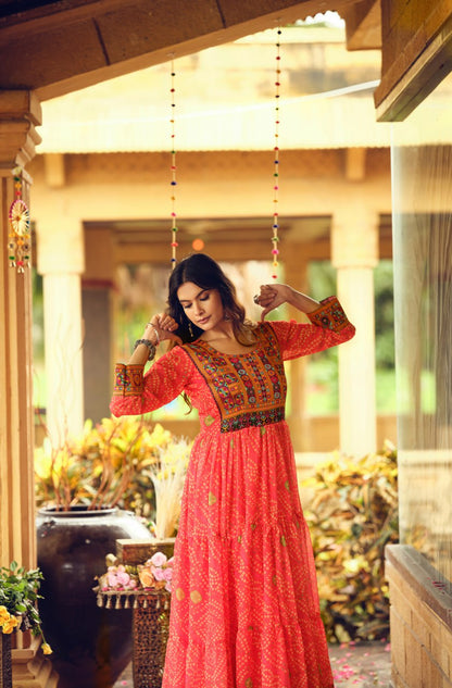 gown  FAUX GEORGETTE FABRIC, GAMTHI JACQUARD WEAVING NACK AND LACE BORDER