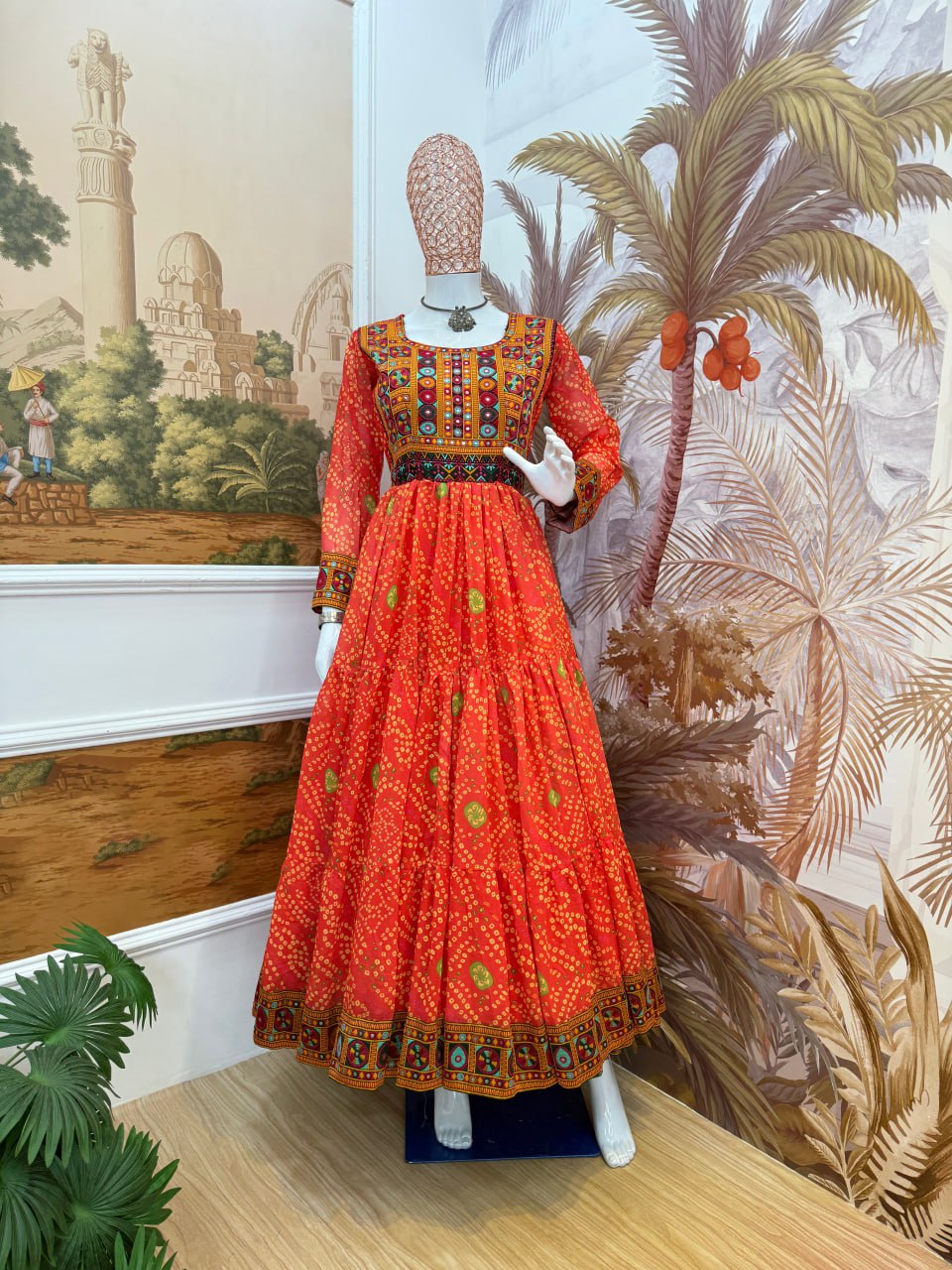 gown  FAUX GEORGETTE FABRIC, GAMTHI JACQUARD WEAVING NACK AND LACE BORDER