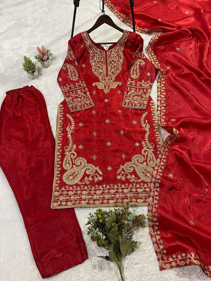 SEQUENCE EMBROIDERY WORKED TOP, PLAZZO WITH DUPATTA