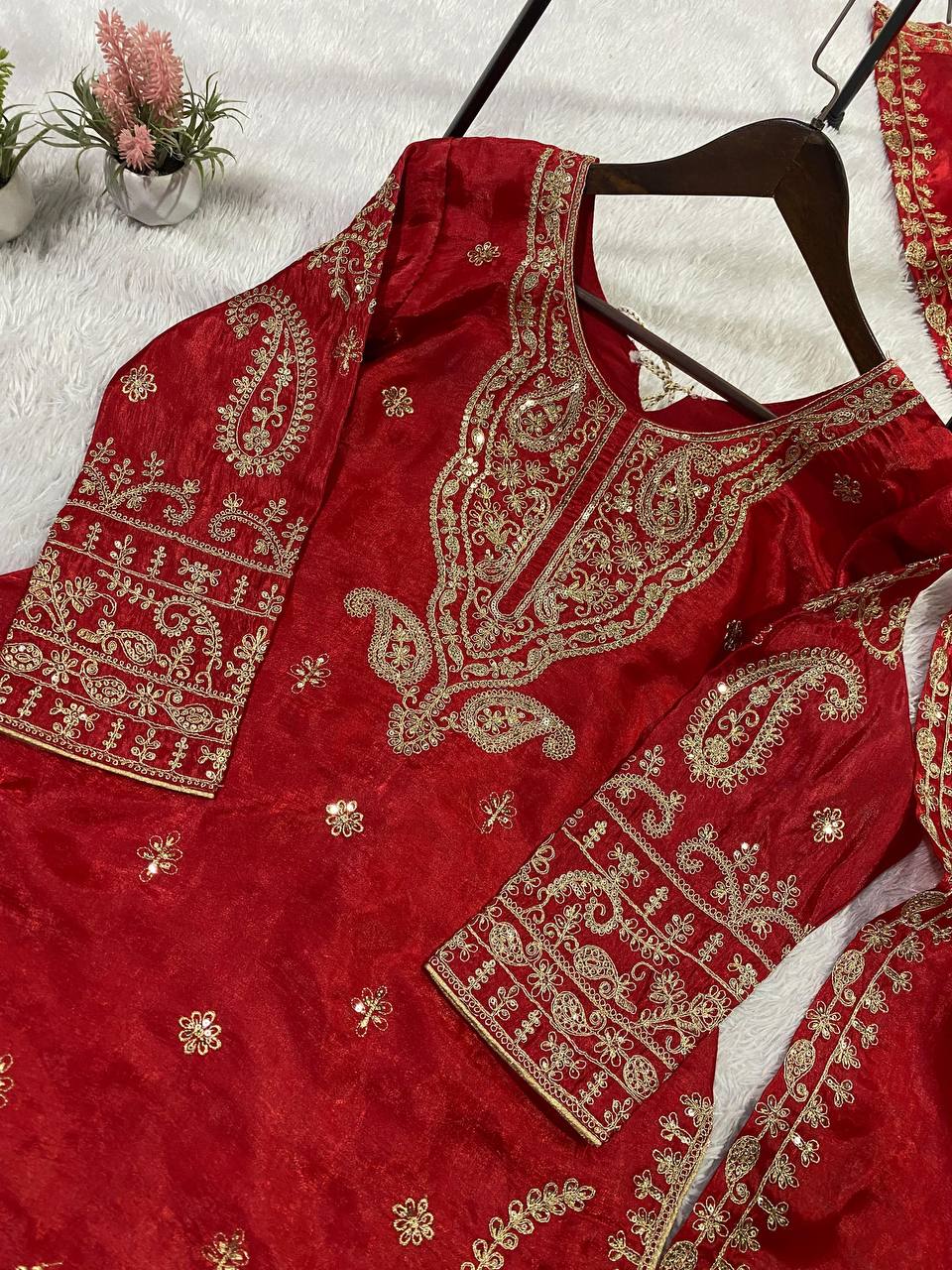 SEQUENCE EMBROIDERY WORKED TOP, PLAZZO WITH DUPATTA