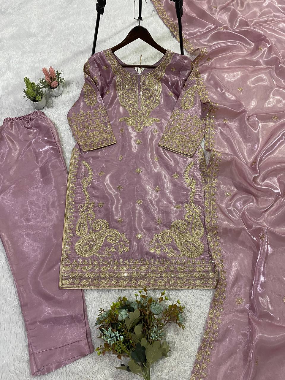 SEQUENCE EMBROIDERY WORKED TOP, PLAZZO WITH DUPATTA