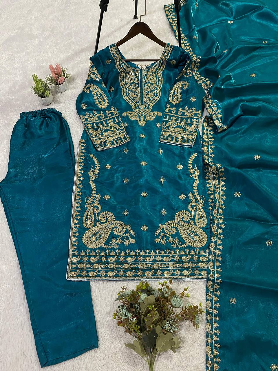 SEQUENCE EMBROIDERY WORKED TOP, PLAZZO WITH DUPATTA
