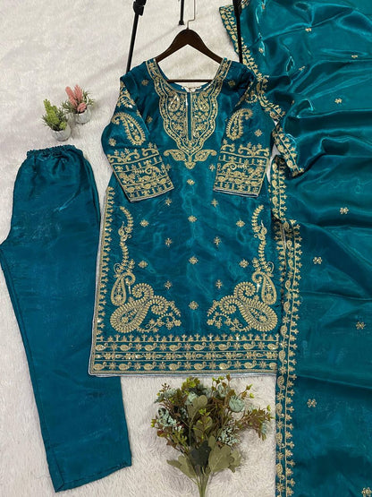 SEQUENCE EMBROIDERY WORKED TOP, PLAZZO WITH DUPATTA