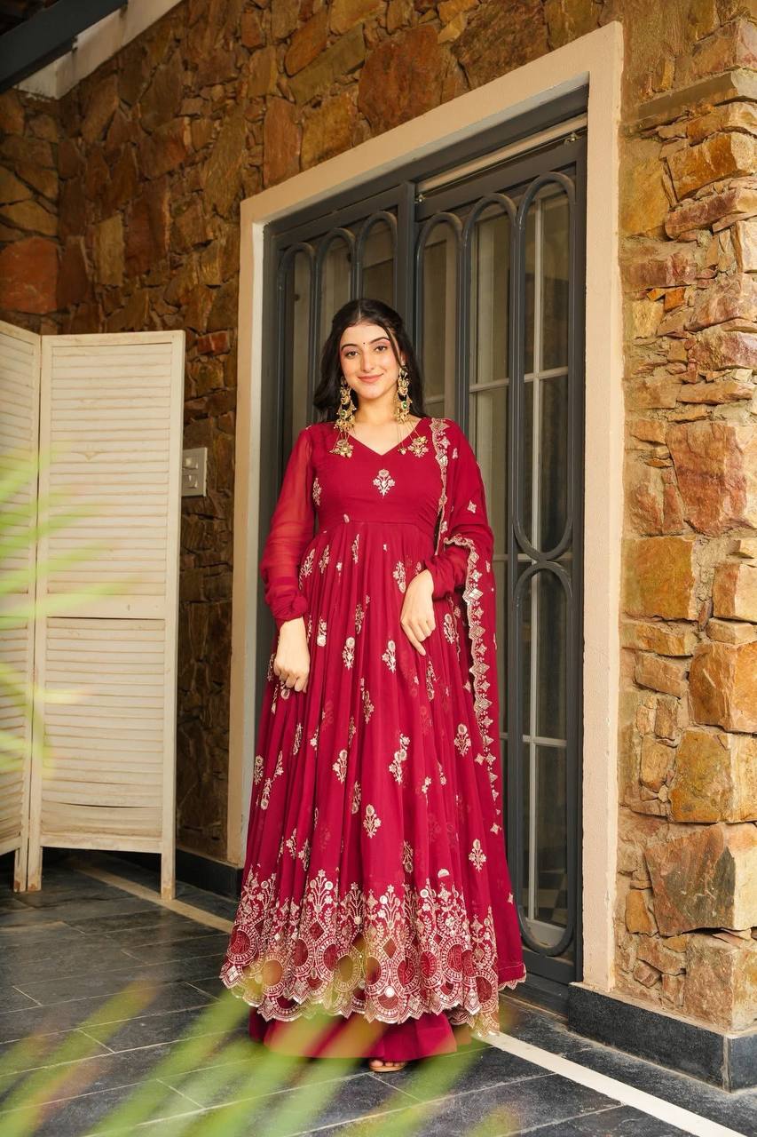 Designer Party Wear Look Full Heavy Embroidery Sequence Work Gown With Fully Stiched and Dupatta Ready to Wear Collection