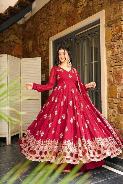 Designer Party Wear Look Full Heavy Embroidery Sequence Work Gown With Fully Stiched and Dupatta Ready to Wear Collection