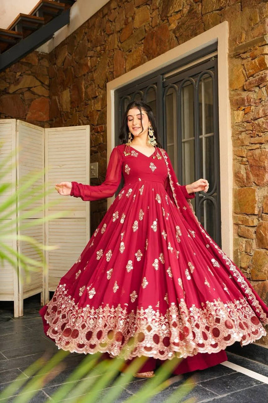 Designer Party Wear Look Full Heavy Embroidery Sequence Work Gown With Fully Stiched and Dupatta Ready to Wear Collection