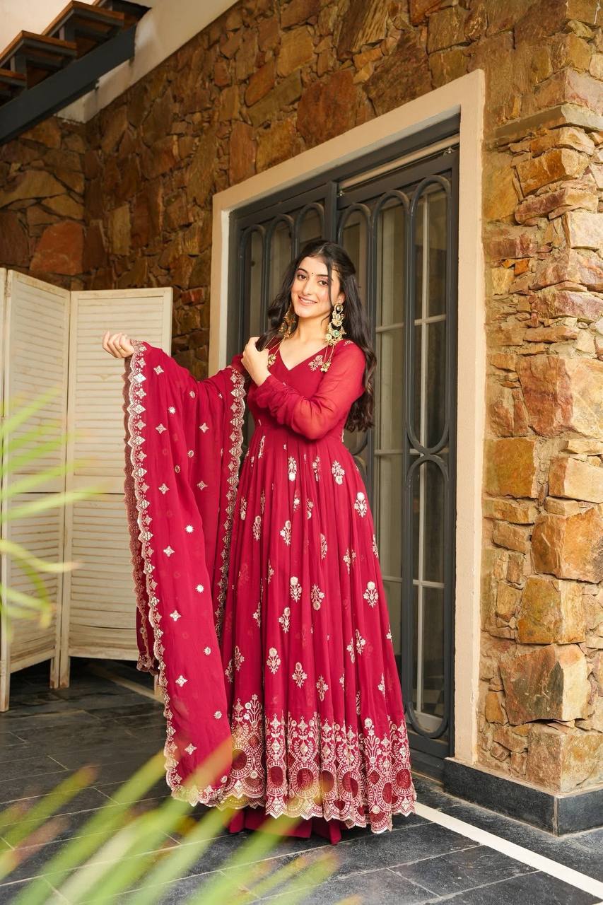 Designer Party Wear Look Full Heavy Embroidery Sequence Work Gown With Fully Stiched and Dupatta Ready to Wear Collection