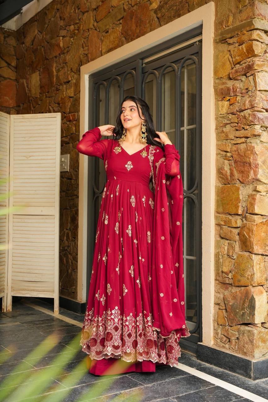 Designer Party Wear Look Full Heavy Embroidery Sequence Work Gown With Fully Stiched and Dupatta Ready to Wear Collection