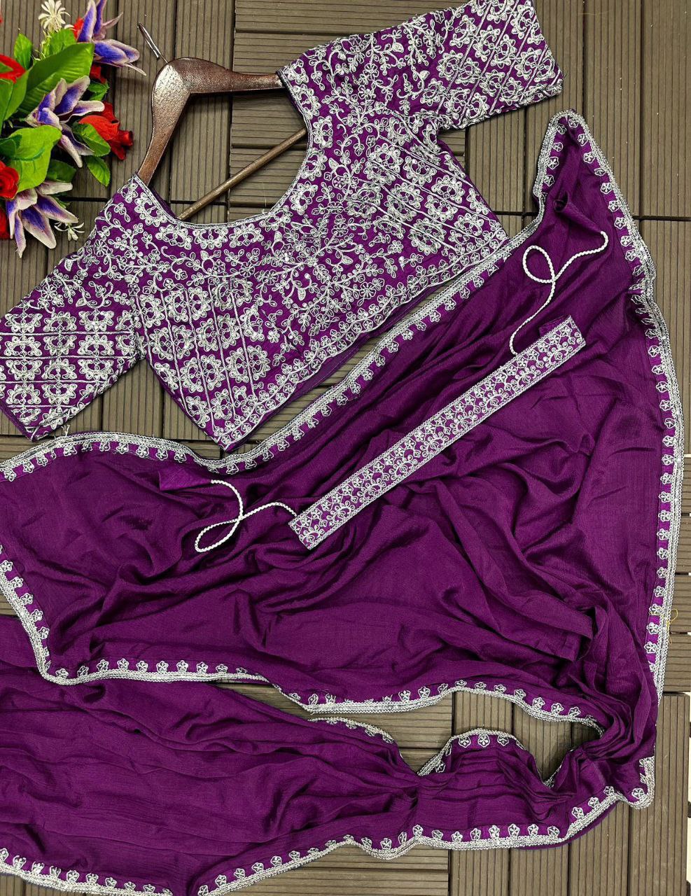 Super Trending Embroidery cording work ready to wear saree with Embroidery Blouse