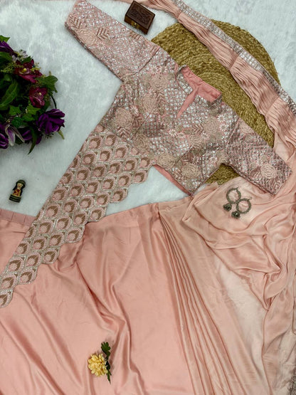 TRENDING READY TO WEAR SAREE WITH FULLY EMBROIDERED STYLIST BLOUSE ON  CHINON FABRIC