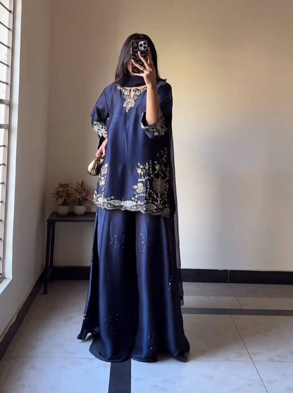 Heavy Natural Crep Silk Heavy Bids Hand Work Embroidery