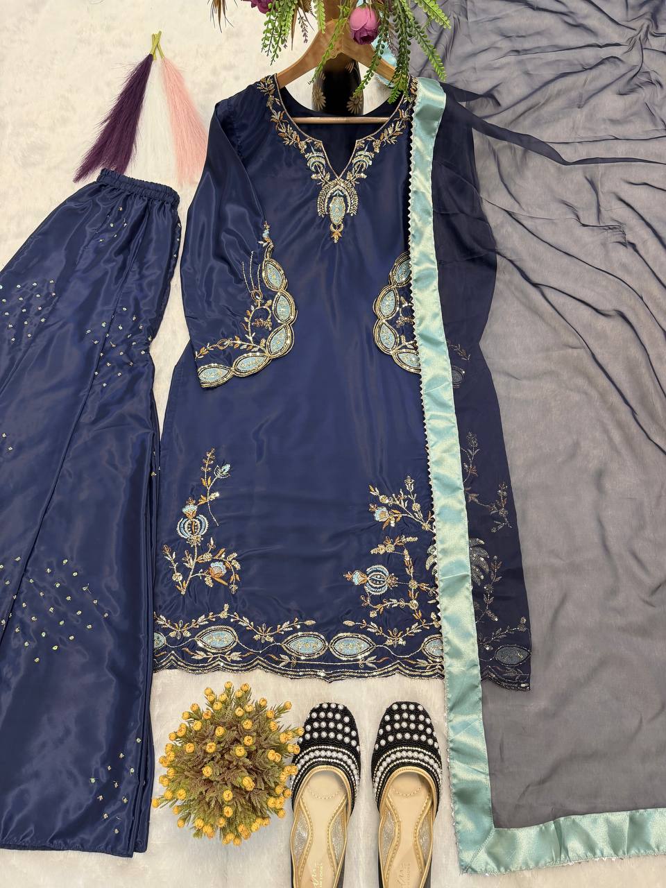 Heavy Natural Crep Silk Heavy Bids Hand Work Embroidery