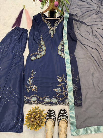 Heavy Natural Crep Silk Heavy Bids Hand Work Embroidery