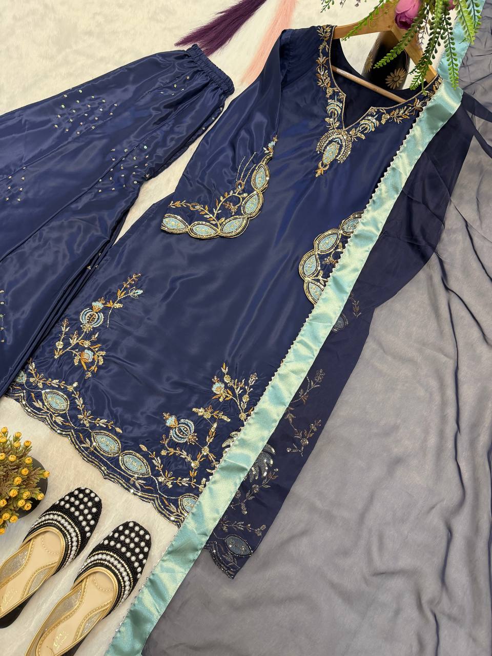Heavy Natural Crep Silk Heavy Bids Hand Work Embroidery