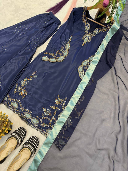 Heavy Natural Crep Silk Heavy Bids Hand Work Embroidery