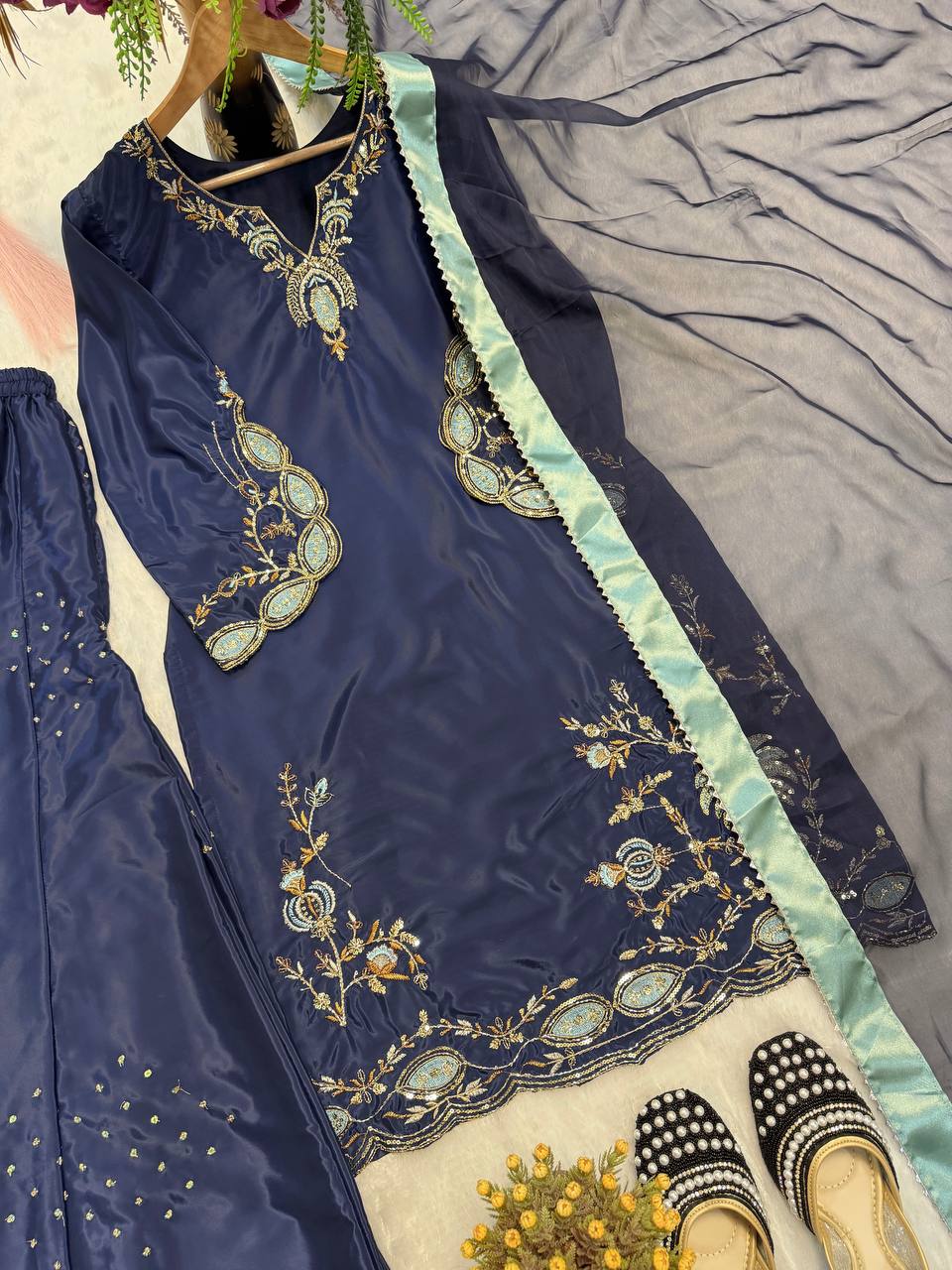 Heavy Natural Crep Silk Heavy Bids Hand Work Embroidery