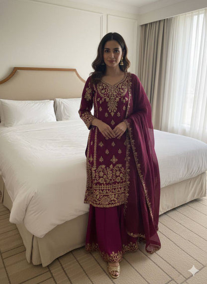EID🌙 EXCLUSIVE AND TRENDY FOR WEDDING SEASON OUR SEQUENCE EMBROIDERY WORKED TOP, PLAZZO AND DUPATTA IN FENDY