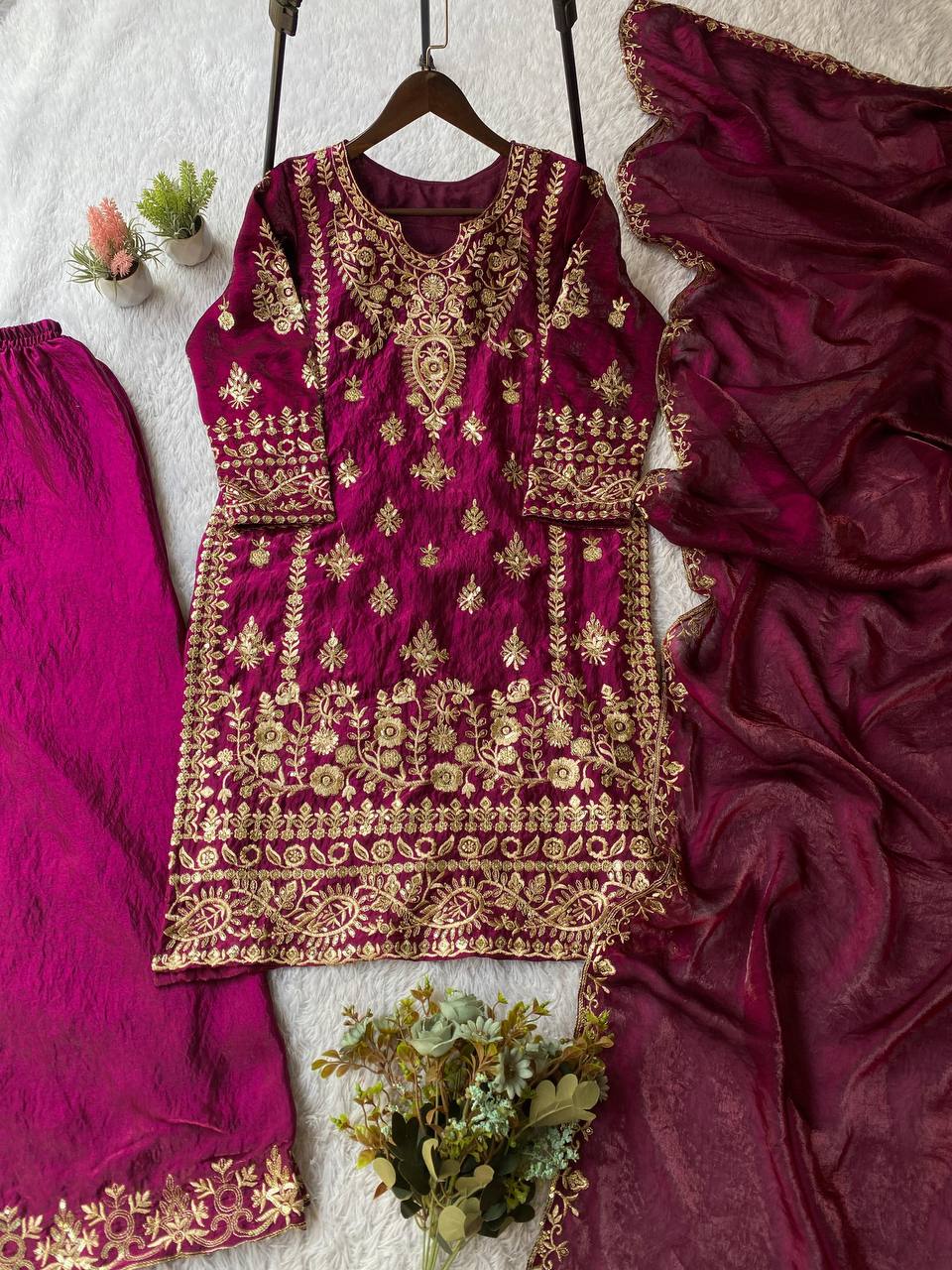 EID🌙 EXCLUSIVE AND TRENDY FOR WEDDING SEASON OUR SEQUENCE EMBROIDERY WORKED TOP, PLAZZO AND DUPATTA IN FENDY