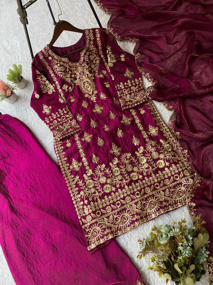 EID🌙 EXCLUSIVE AND TRENDY FOR WEDDING SEASON OUR SEQUENCE EMBROIDERY WORKED TOP, PLAZZO AND DUPATTA IN FENDY