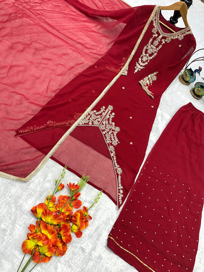 ĐĚSIGNER PARTY WEAR TOP AND PLAZZO. WITH FANCY DUPPATA AND EMBROIDERY WORK