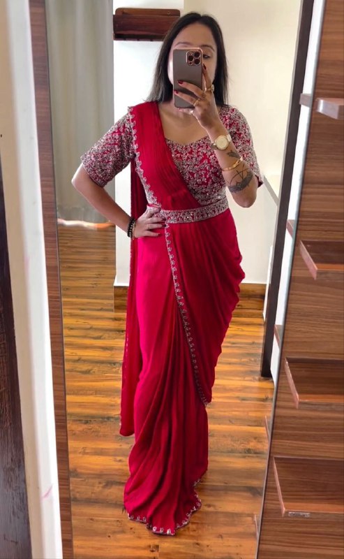 Super Trending Embroidery cording work ready to wear saree with Embroidery Blouse