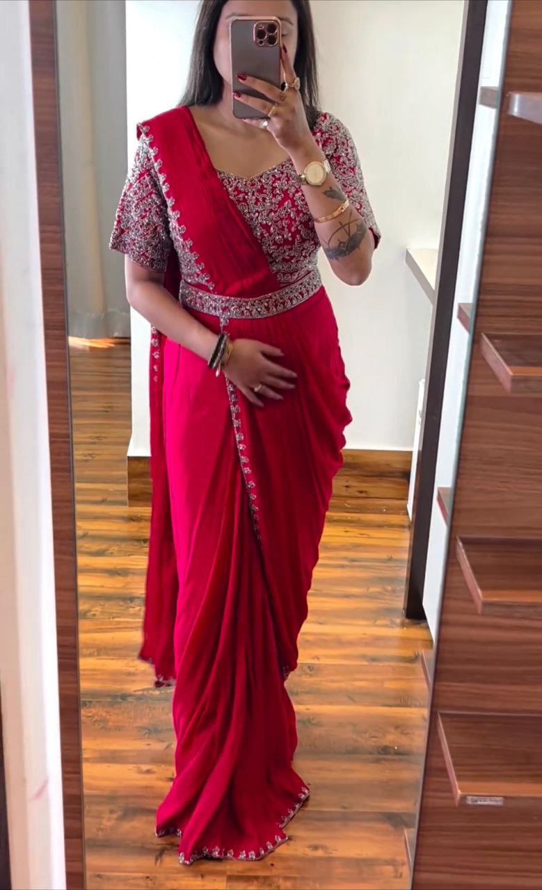 Super Trending Embroidery cording work ready to wear saree with Embroidery Blouse